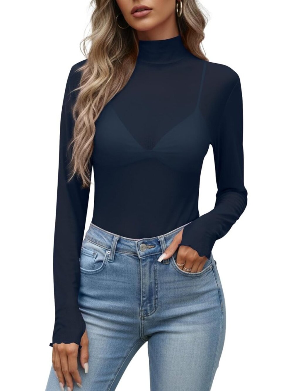 Women's Navy Blue Polyester Mesh Top Blouse Party Clubwear Long Sleeve Shirt